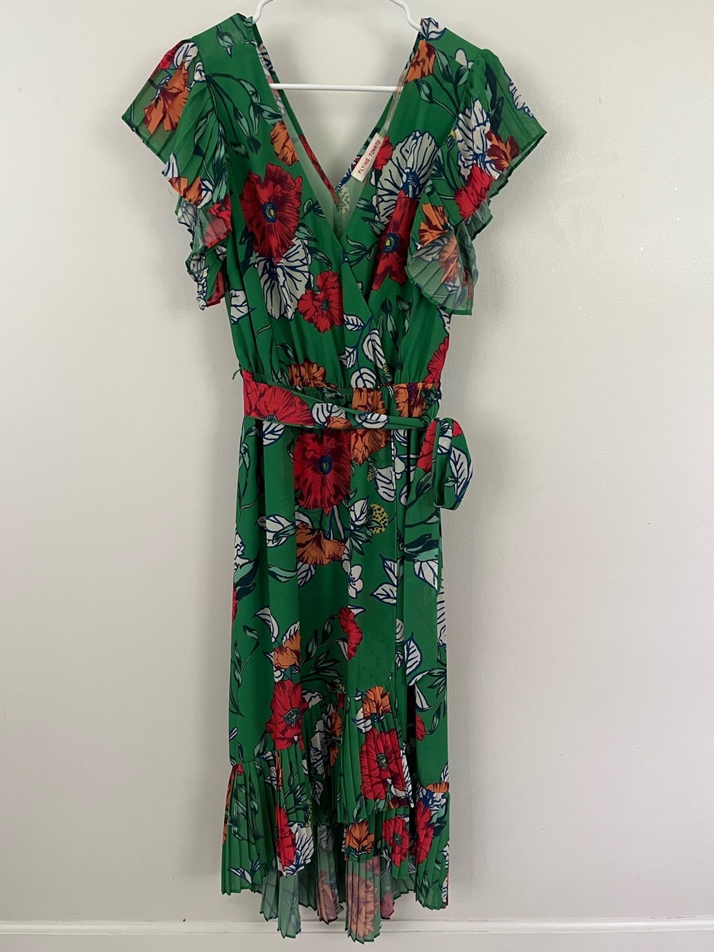 Flying Tomato Green Floral Midi Dress with Red and Orange Blooms